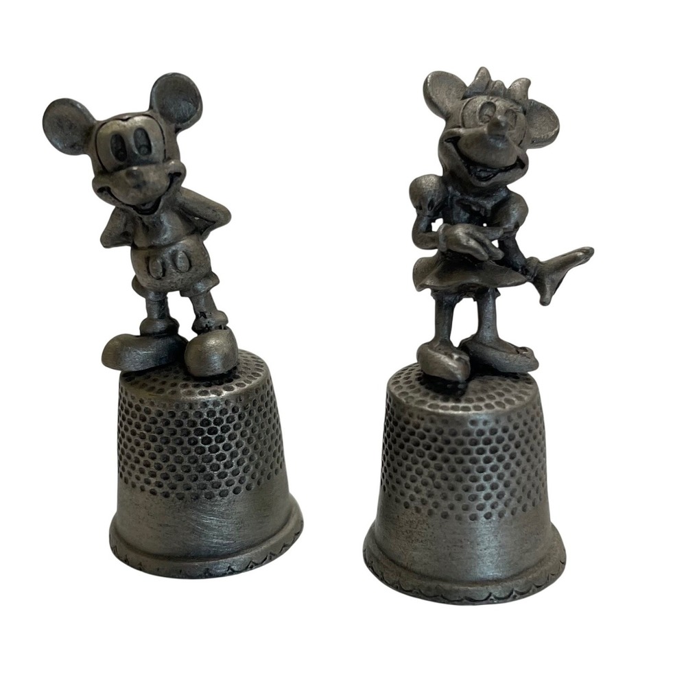 2 Disney Mickey Minnie Mouse Pewter Thimble Set Vintage Collectible Retro 1980s